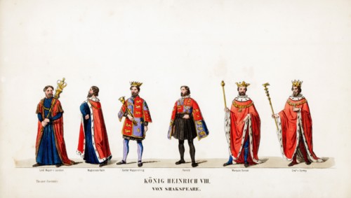Theatre costume designs for Shakespeare's play, Henry VIII, 19th century. Artist: Unknown