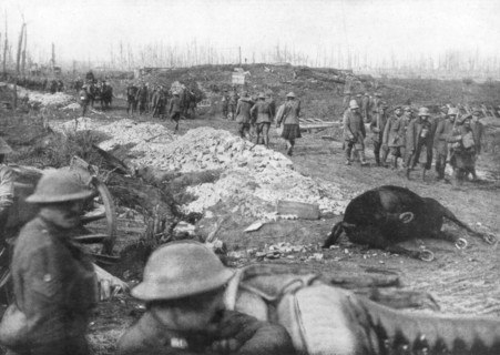 Allied troops and German prisoners at the Menin Road, near Ypres, Belgium, 30 October, 1917. Artist: Unknown