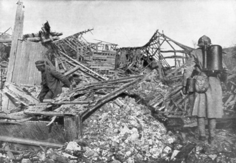 French troops using flamethrowers to flush out Germans from their shelters, Cantigny, France, 1918. Artist: Unknown