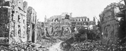 The ruined town and church bell tower of Albert, Somme, France, 22 August 1918. Artist: Unknown