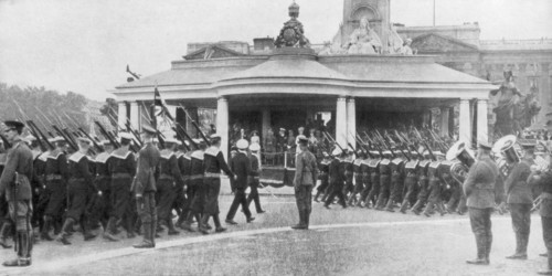 Victory parade passing the Victoria Memorial and Buckingham Palace, London, 19 July, 1919 Artist: Unknown