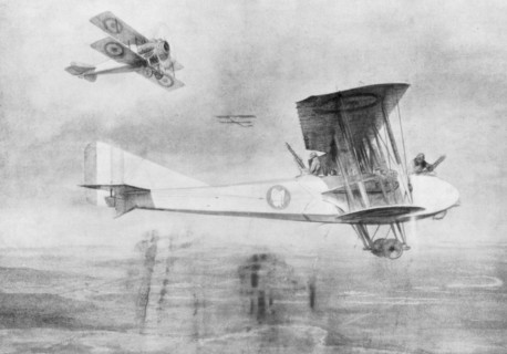 Three-seated aeroplane on a photographic mission, protected by a Spad fighter aircraft, 1918 (1926).Artist: Etienne Cournault