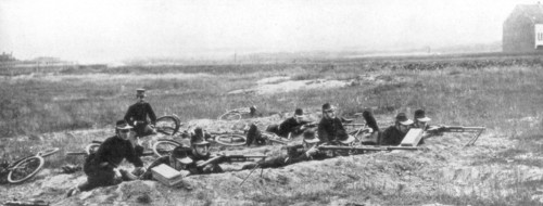 Belgian bicycle troops using Hotchkiss machine guns in Haelen, Belgium, August 1914.Artist: Montigny