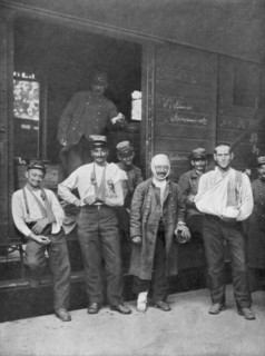 Wounded French soldiers on the way to hospital by train France, 1914. Artist: Unknown