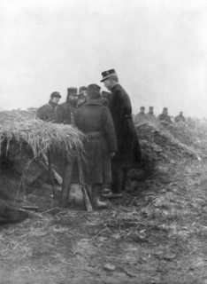 Albert I, the third King of the Belgians, visiting the trenches of Avecapelle, Belgium, 1915. Artist: Unknown