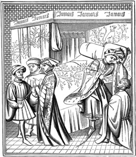 A bed furnished with a canopy and curtains, late 14th century, (1870). Artist: Unknown