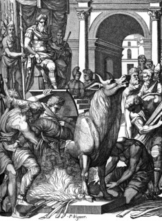 'Perillus condemned to the bronze bull by Phalaris', 16th century, (1870). Artist: Pierre Woeiriot de Bouze