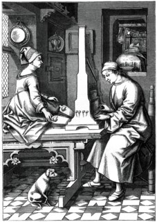 German musician executing a piece of music upon a portable organ, 15th century, (1870).Artist: Israel van Mecken