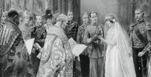 The Duke of York placing the ring on Lady Elizabeth Bowes-Lyon's finger, 26 April 1923, (1937). Creator: Unknown.