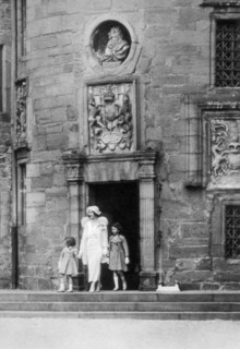 Queen Elizabeth with Princesses Elizabeth and Margaret Rose, Glamis Castle, Scotland, 1937.  Creator: Unknown.