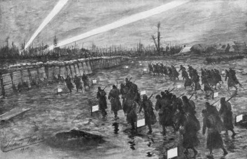 British troops advance under cover of darkness, Neuve-Chapelle, France,10 March 1915, (1926).Artist: Frederic Villiers