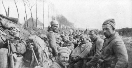 Soldiers of a French Zouave regiment between Lizarne and Boesinghe, Belgium, 24 April 1915. Artist: Unknown
