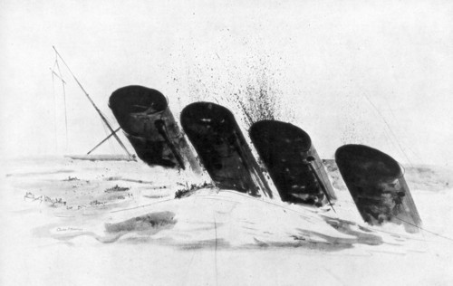 The sinking of RMS Lusitania, 7 May 1915, (1926). Artist: Oliver Bernard