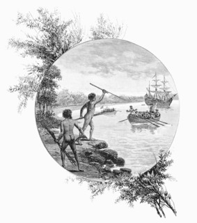 Natives opposing Captain Cook's landing, Australia, 1770 (1886).Artist: W Macleod