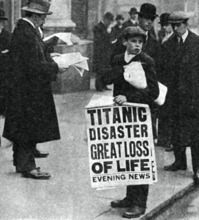 Newspaper boy with news of the Titanic disaster, 14 April 1912. Artist: Unknown