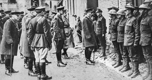 King George V with the 7th Battalion Sherwood Foresters, First World War, March 1918. Artist: Unknown