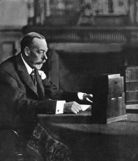 King George V broadcasting to the empire on Christmas Day, Sandringham, 1935. Artist: Unknown