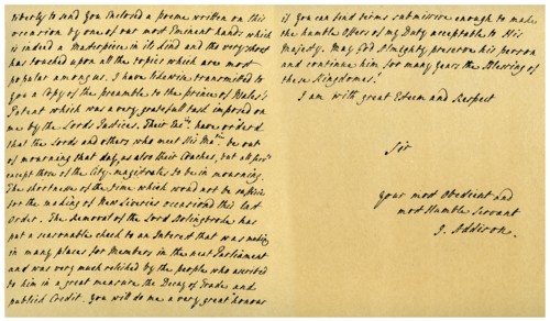 Letter from Joseph Addison to J Robethon, Secretary to George I, 4th September 1714.Artist: Joseph Addison