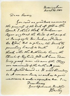 Letter from John Wesley to Samuel Bradburn, 25th March 1783.Artist: John Wesley