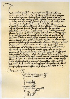 Episcopal Declaration of Archbishop Crammer and seven other English bishops, c1537.Artist: Thomas Cranmer
