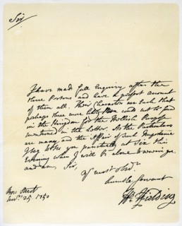 Letter from Henry Fielding to Hutton Perkins, 25th November 1750.Artist: Henry Fielding