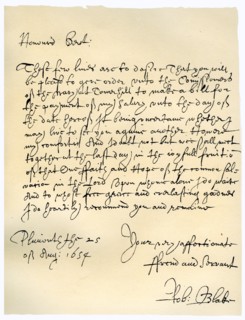 Letter from Admiral Robert Blake to the Commissioners of the Admiralty, 25th August 1654.Artist: Robert Blake