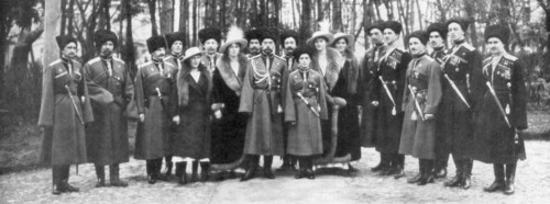Tsar Nicholas II of Russia and his family before abdication, 1917. Artist: Unknown
