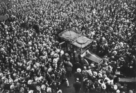 French crowds cheering Pershing and Joffre, Hotel Crillon, Paris, First World War, 1917. Artist: Unknown