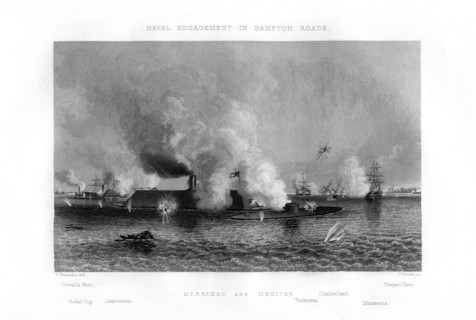Battle of the 'Monitor' and the 'Merrimack', Hampton Roads, Virginia, 9 March 1862 (1862-1867).Artist: J Davies