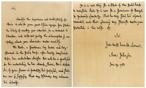 Letter from Dr Samuel Johnson to Warren Hastings, 29th January 1781.Artist: Dr Samuel Johnson