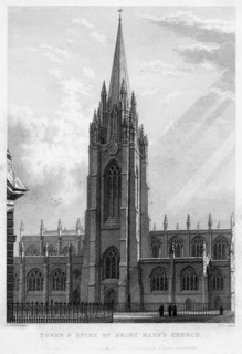 Tower and spire of Saint Mary's Church, Oxford, 1833.Artist: John Le Keux