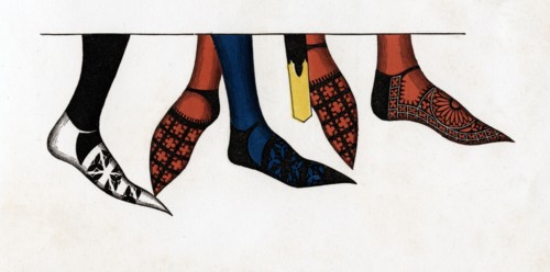 The hose and shoes worn by princes at the court of Edward III, (1312-1377), 1840.  Artist: Henry Shaw