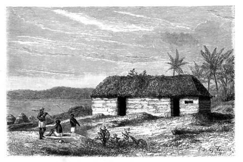 Hut at the edge of Lake Tanganyika, Congo, 19th century.Artist: Lavielle