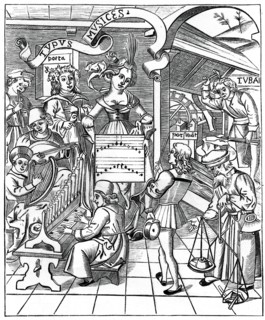 Personification of music, with the auxiliaries, the poet and musicians, 1508, (1870). Artist: Unknown