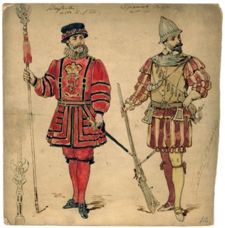 Beefeater and Spanish soldier, 19th century.Artist: Lucien Besche