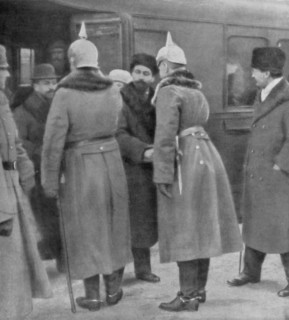 Leon Trotsky arriving for peace negotiations with the Germans, Brest-Litovsk, 7 January 1918. Artist: Unknown