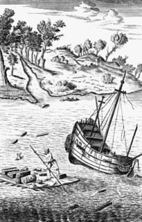 'Robinson Crusoe Saving His Goods out of the wreck of the Ship', c1719. Artist: Unknown