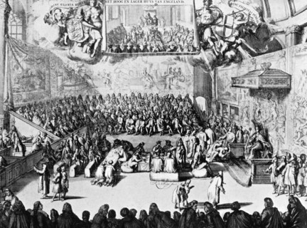 Opening of Parliament by Queen Anne, Westminster, London, 18th century (c1905). Artist: Unknown