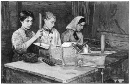 Filling cartridges with dynamite powder at Isleten, near Fluelen, Switzerland, 1893. Artist: Unknown