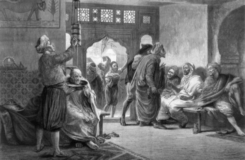 A barber's shop in Tunis, 1875.Artist: John Evan Hodgson