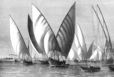 'The River at Boulak Bridge, Cairo, with dahabeahs passing', 1874. Artist: Unknown