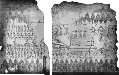 Assyrians moving a winged bull, c7th century BC, (c1900-1920).Artist: Sir Austen Henry Layard