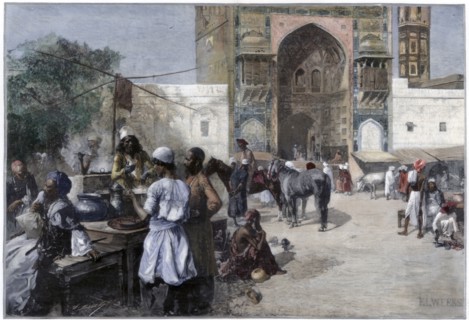 An open-air restaurant at Lahore, India, 1880.Artist: Edwin Lord Weeks