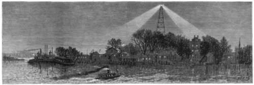 The electric light at Hell Gate, New York, 1885. Artist: Unknown