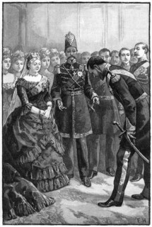 The Shah of Persia presenting his suit to Queen Victoria at Windsor, mid-late 19th century. Creator: Unknown.
