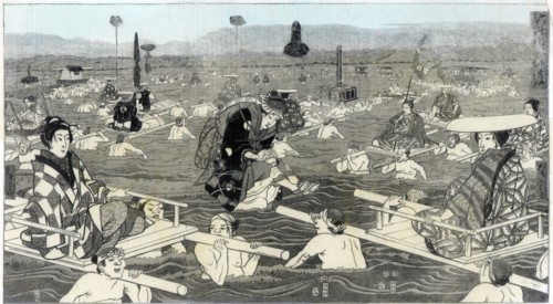 Crossing the Oho-e-ga-wa, in the province of Suraga, 1856. Artist: Unknown