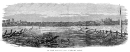 St Kilda Road, south side of Prince's Bridge - Floods at Melbourne, Australia, 1864. Artist: Unknown