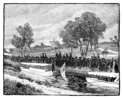 The Royal Visit to Worsley Hall; the State Barge on the Bridgwater Canal, 1851, (1888). Artist: Unknown