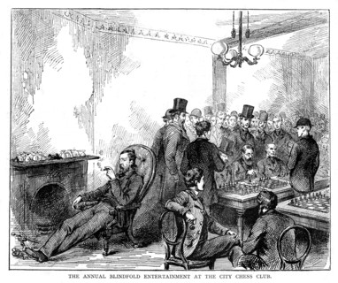 The annual blindfold entertainment at the city chess club, 1876. Artist: Unknown