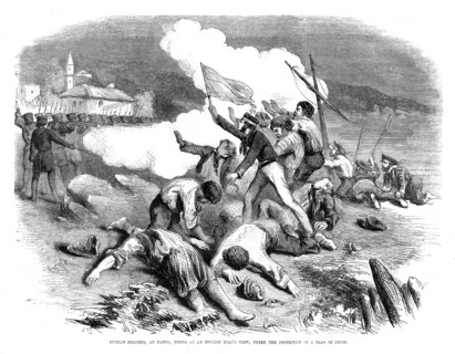 Russian soldiers firing on an English boat's crew, under the protection of a flag of truce, 1855. Artist: Unknown